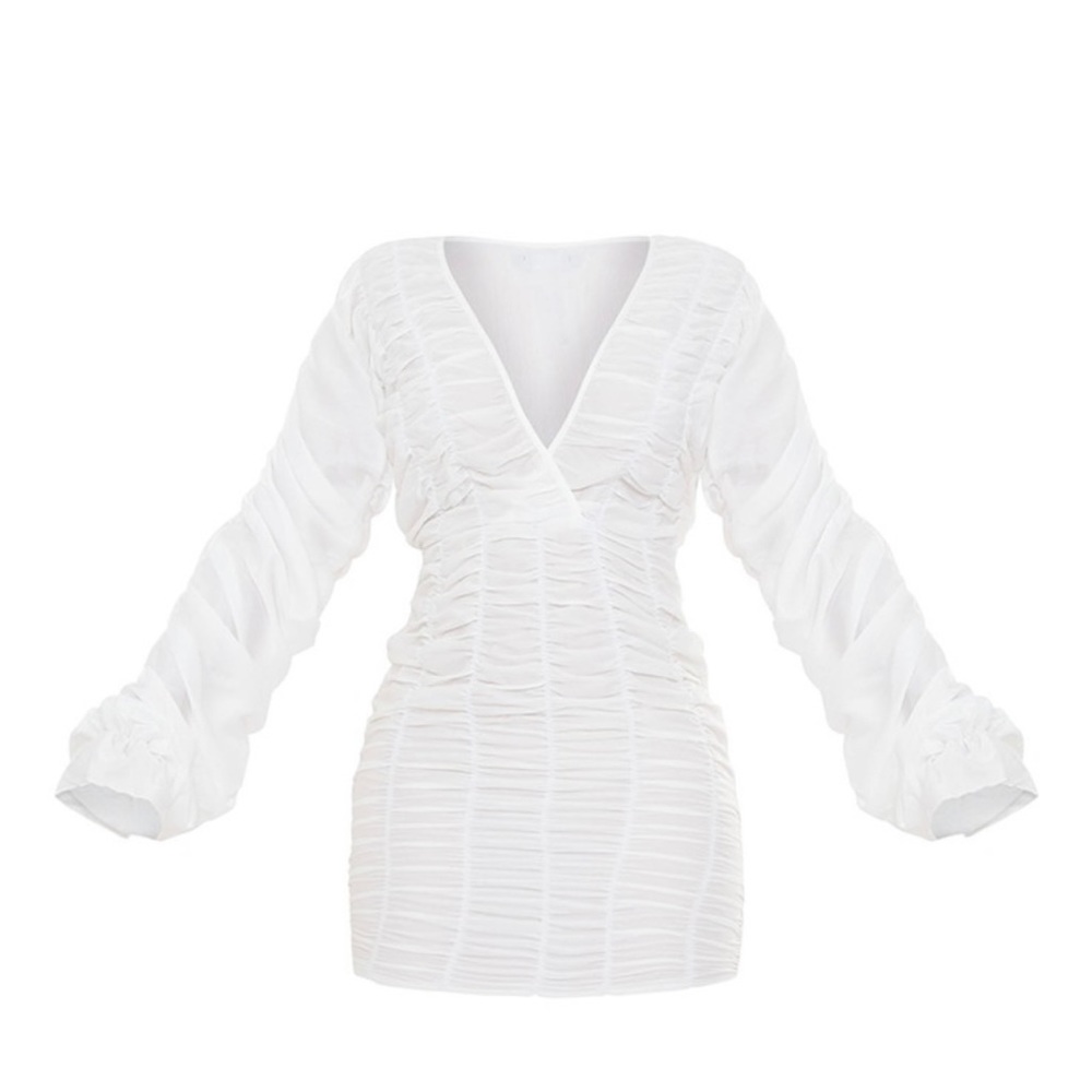 NWT - White gathered detail plunge ruched sleeve bodycon dress